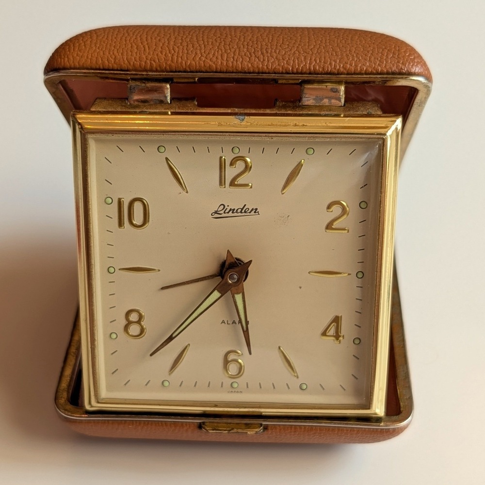 Vintage Linden Travel Alarm Clock Gold Tone Mechanical Wind Up Japan Tan Case